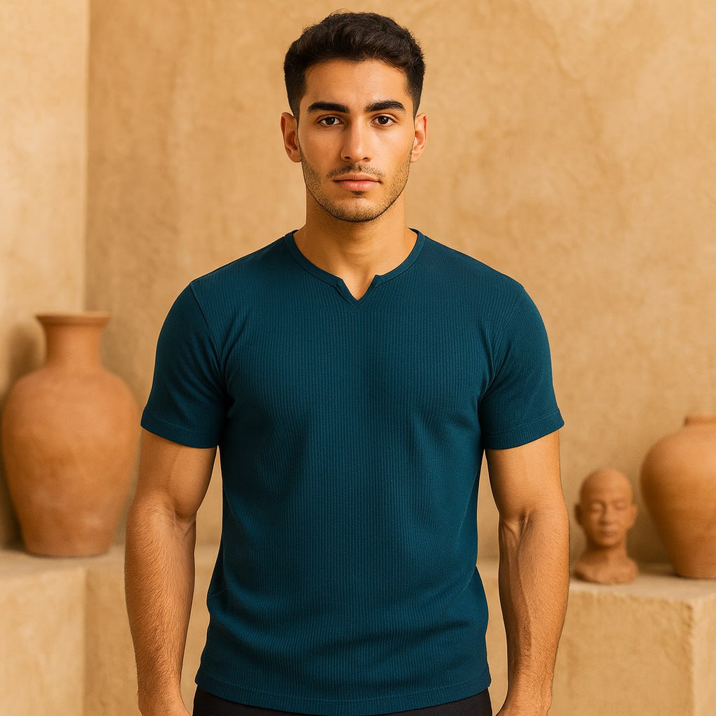 تیشرت آستین کوتاه یقه کوبایی سبز مردانه مدل Asam